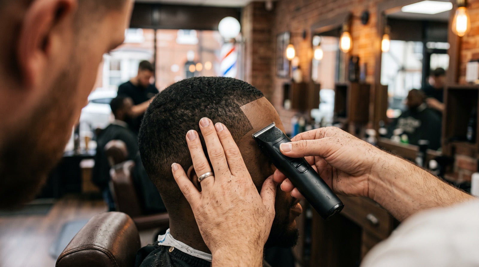 Barber detailing a lineup with a T-blade trimmer