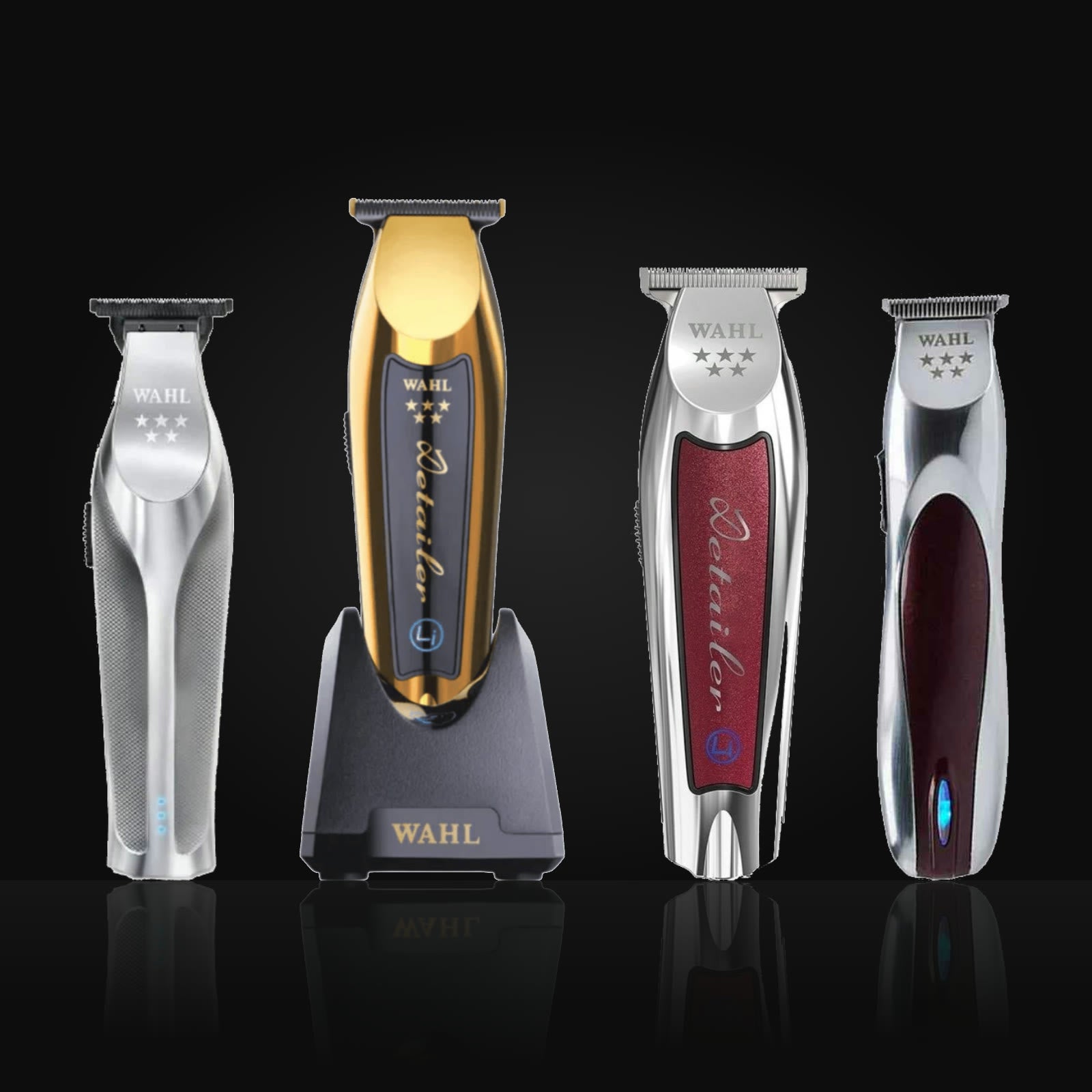 Wahl Hi-Viz, Gold Detailer Li, Cordless Detailer Li and A-Lign trimmers side by side