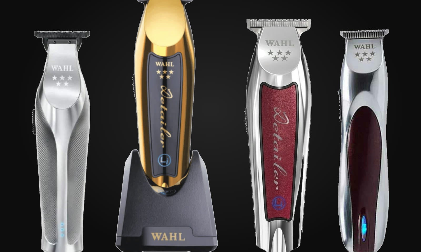 Wahl Hi-Viz, Gold Detailer Li, Cordless Detailer Li and A-Lign trimmers side by side