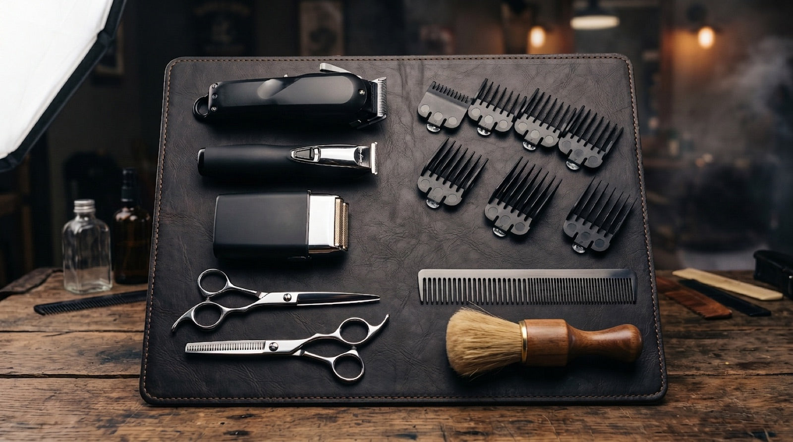 Complete barber kit laid out: clippers, trimmers, shavers and accessories