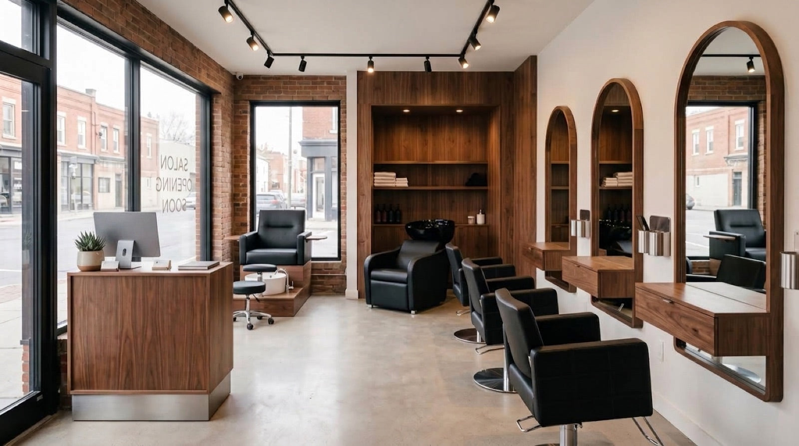 Complete salon setup with styling stations, shampoo backwash unit and pedicure chair