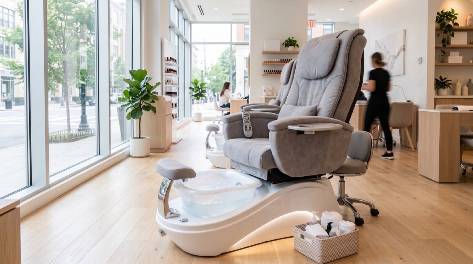 Luxury pedicure spa chair with foot basin in a modern nail salon