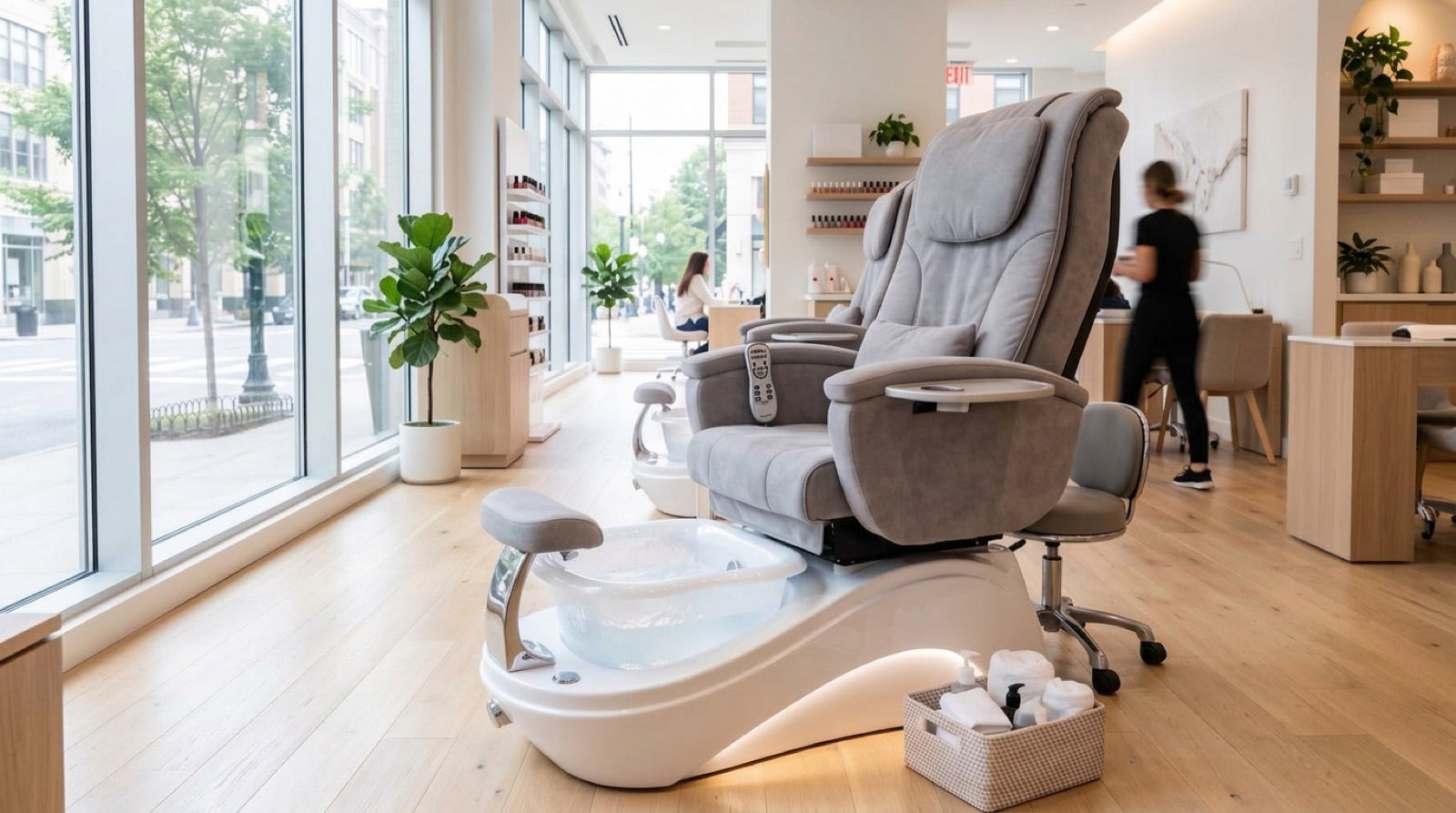 Luxury pedicure spa chair with foot basin in a modern nail salon