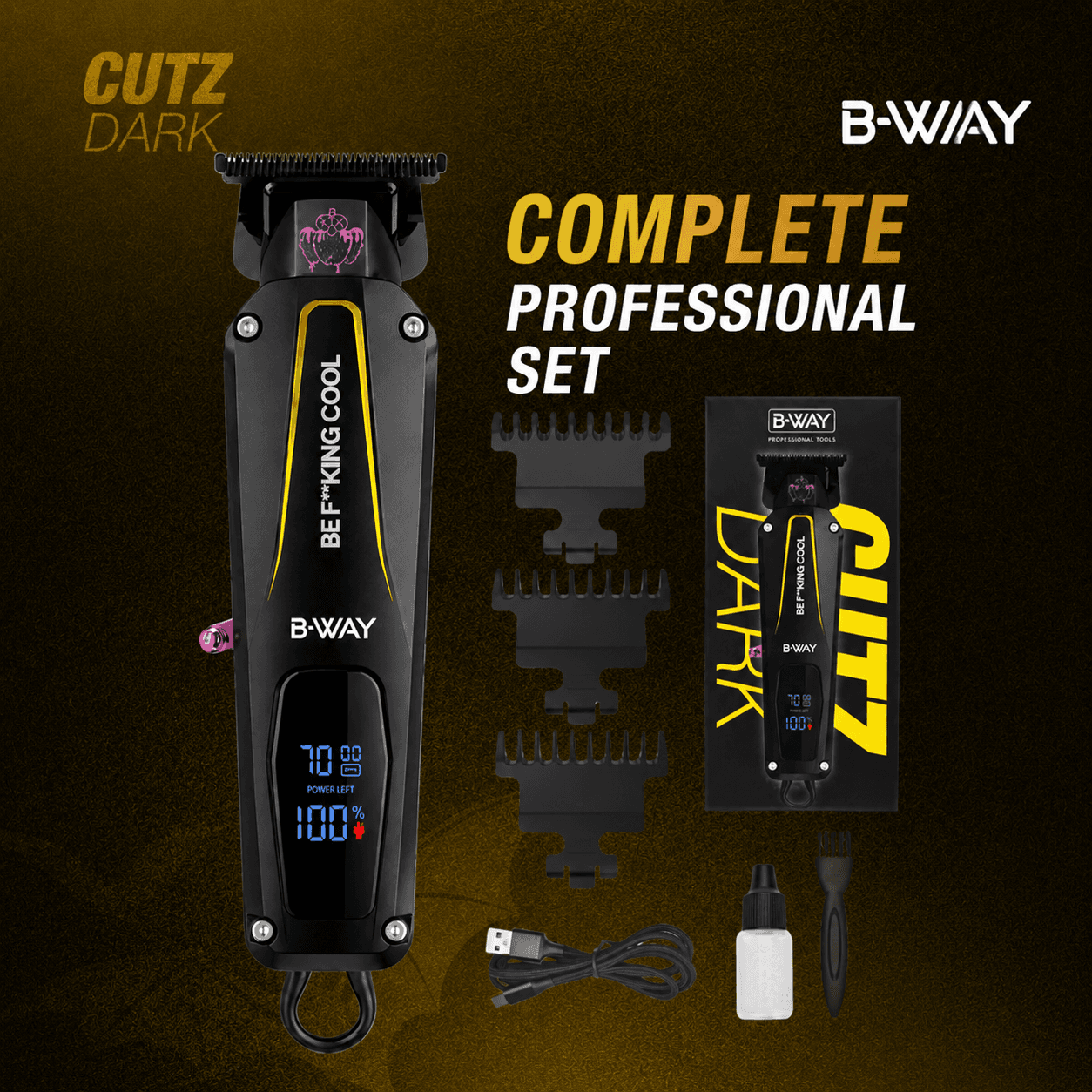 B-WAY Professional Barber Clipper Trimmer & Foil Shaver Set – B10K Hair Clipper, CUTZ Dark Trimmer & OFF Black Shaver – Cordless 3-in-1 Barber Grooming Kit for Fades, Outlining & Finishing