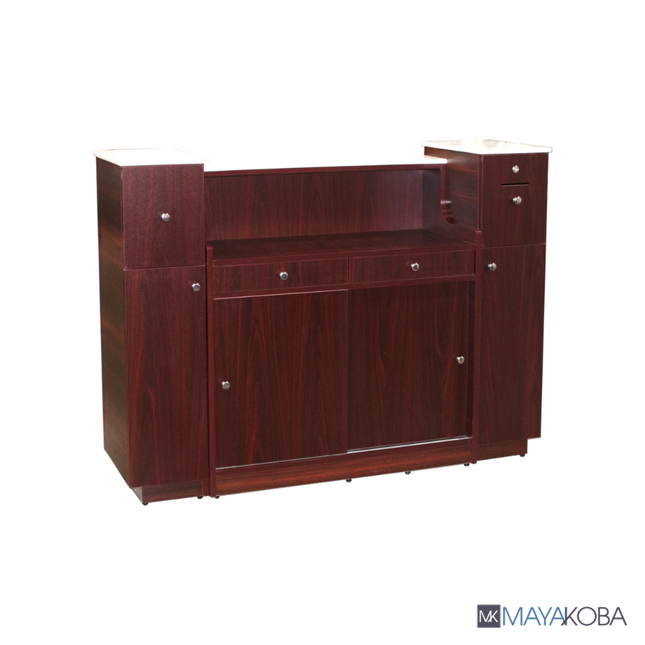 Avon I Reception Desk wood grain and marble detail