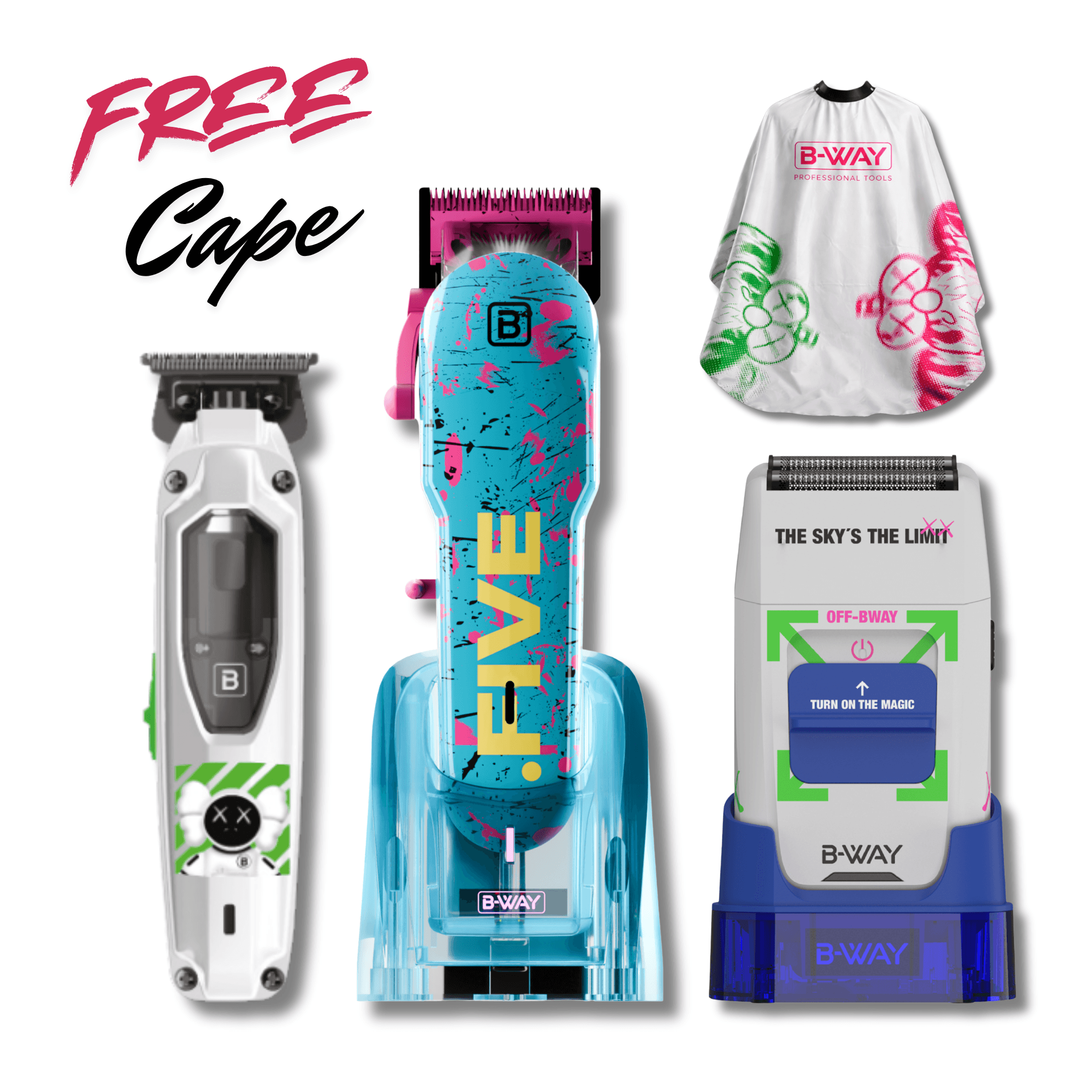 B-Way NEW Five Shorty Clipper, T-Pro Trimmer & OFF Shaver – Professional 3-in-1 Barber Set with Free Barber Cape